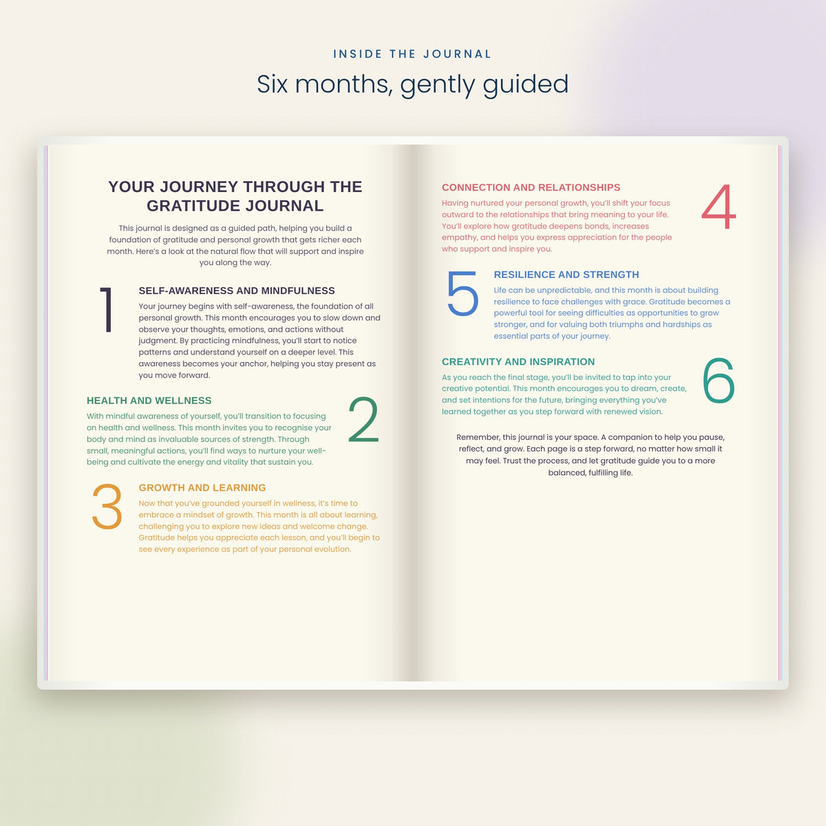 Inside the guided gratitude journal: six-month journey page