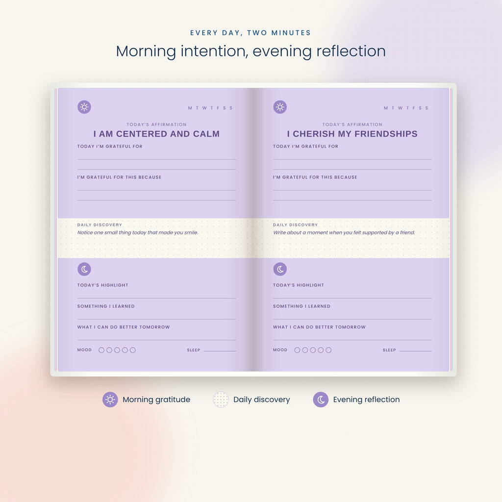 Daily gratitude journal pages with morning and evening prompts